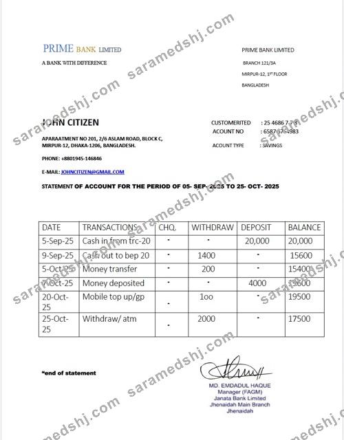 Bangladesh Prime Bank Limited statement of account Word and PDF template